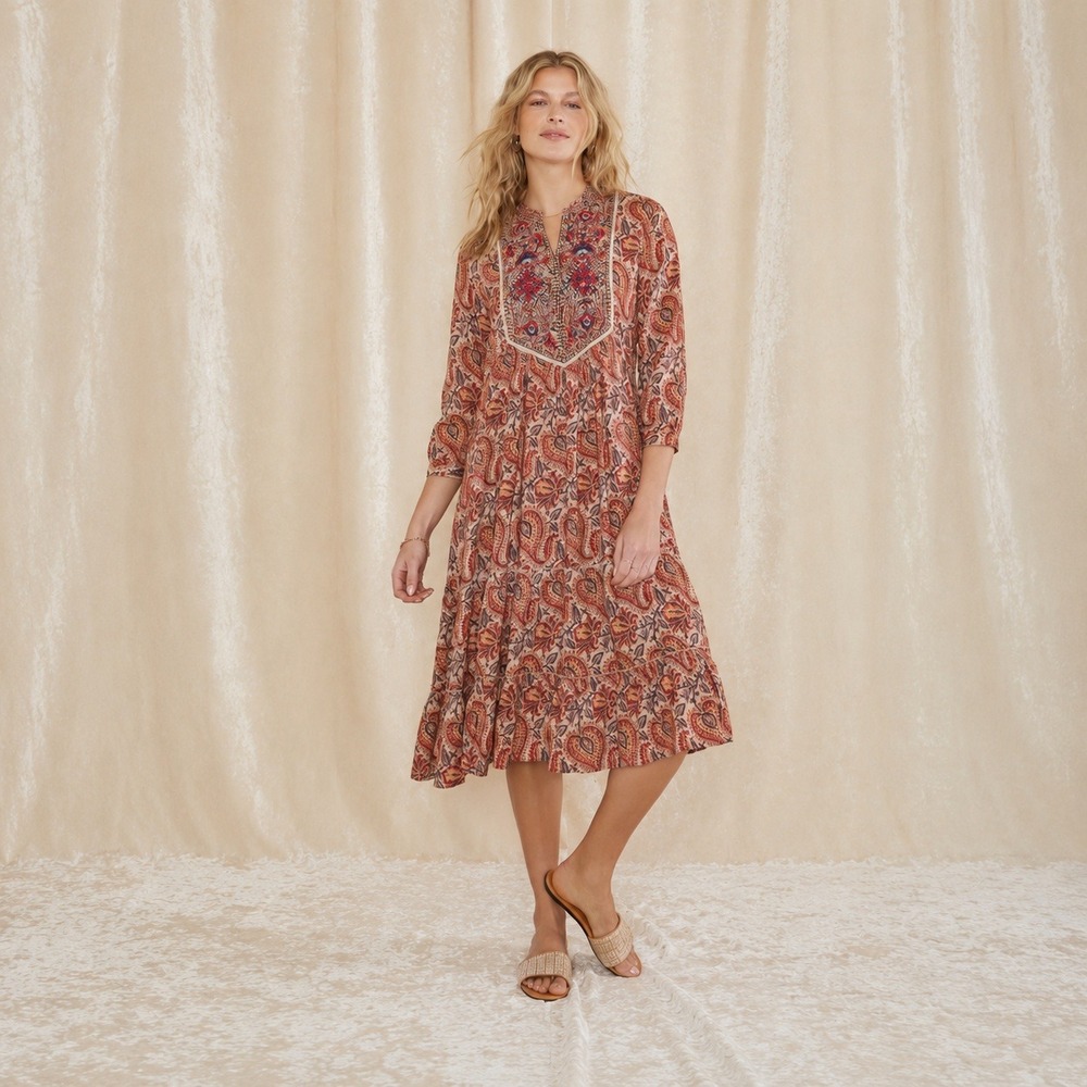 NEW RAGA Naya Embroidered Paisley Midi Dress Beige Red Boho Tiered XS